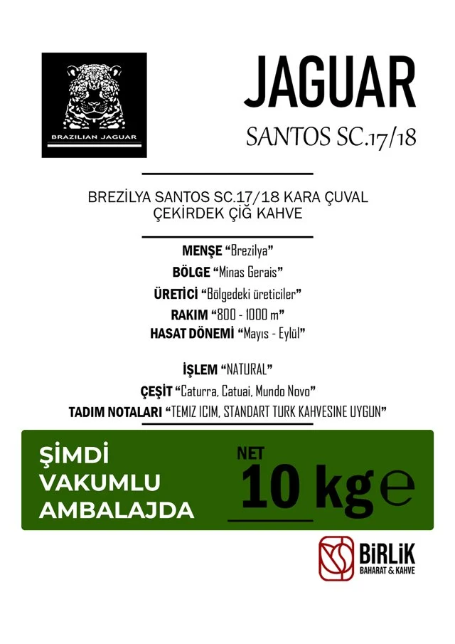 BREZİLYA KARAÇUVAL SANTOS ÇUVAL ÇİĞ KAHVE - VAKUM 10 KG