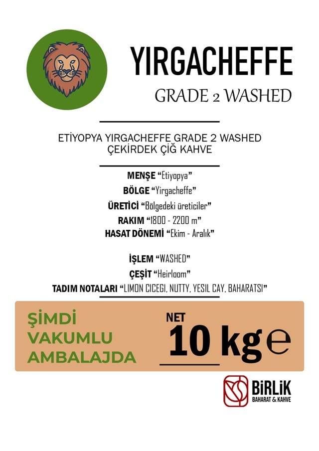 ETİYOPYA YIRGACHEFFEE G2 ÇİĞ KAHVE - VAKUM 10 KG