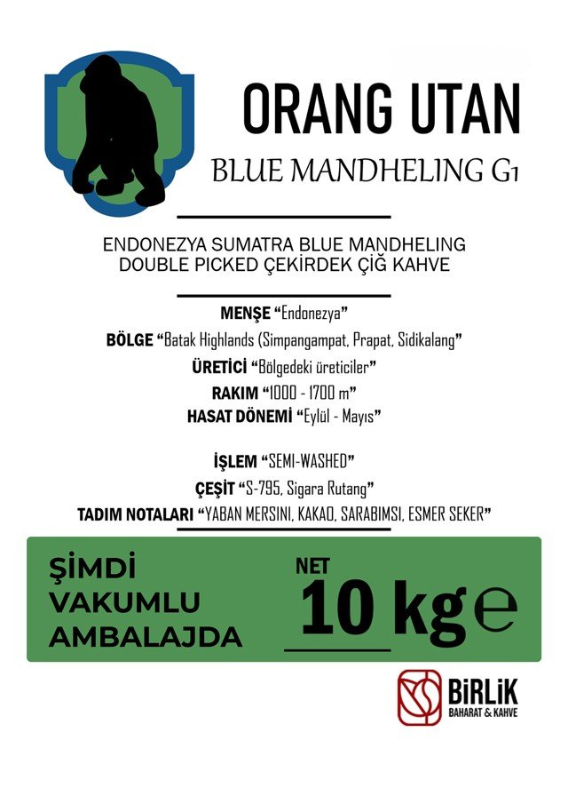 ENDONEZYA SUMATRA MANDHELING G1 ÇİĞ KAHVE - VAKUM 10 KG
