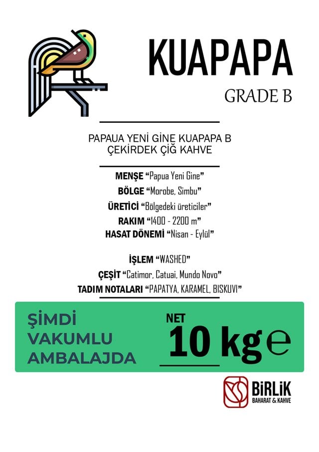 PAPUA YENİ GİNE KUAPAPA GRADE B ÇİĞ KAHVE - VAKUM 10 KG